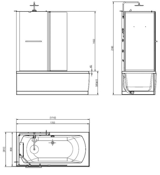 Vanity-Links schlecht/douche 170x85 h 218 Sicherheitsglas 5 mm