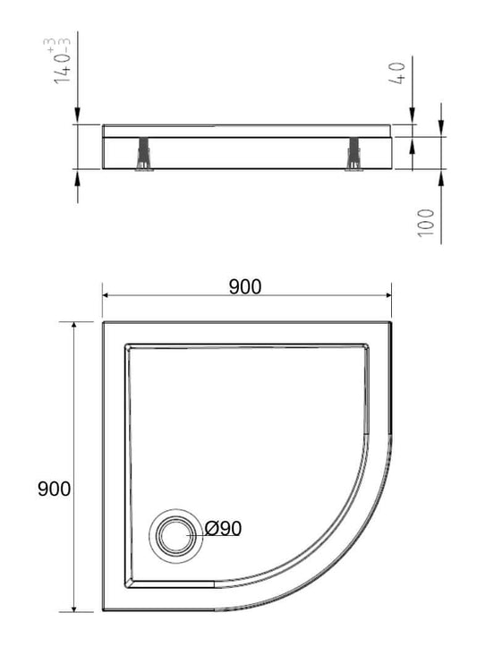 Acryl 1/4 Ronde Douchebak Wiesbaden 90X90X4 Cm in Wit