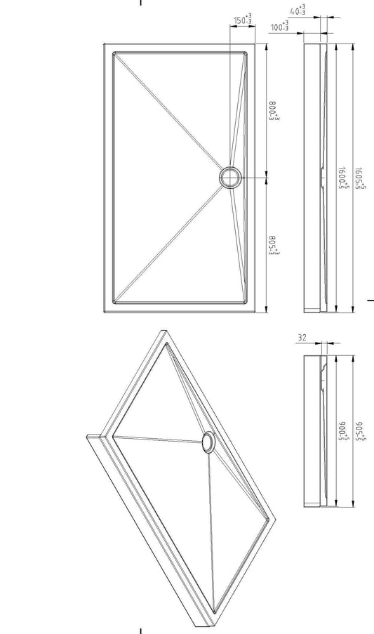 Frontpaneel met Wiesbaden-poten voor rechthoekige douchebak acryl 160x90x4 cm wit