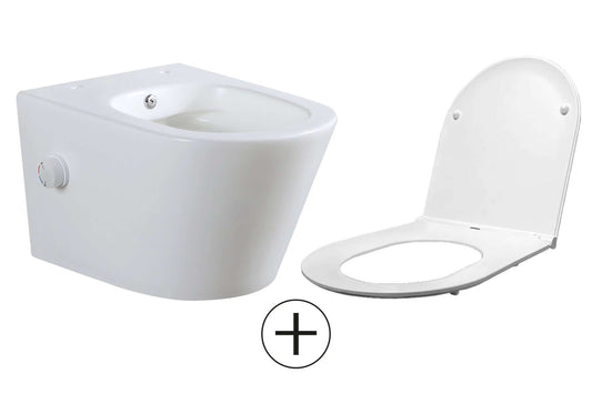 Vesta wandcloset rimless met bidetkraan warm koud water met Flatline toiletzitting