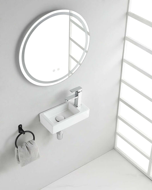 Rhea Mini Rechteckiger Brunnen Wiesbaden 36X18X9Cm in Keramik Weiß (Wasserhahn Rechts)