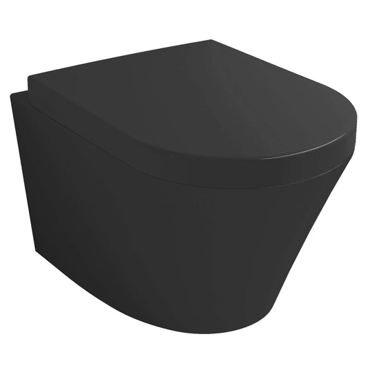 Vesta Randloos Wandtoilet Wiesbaden Mat Zwart PK met Vesta Soft Close Toiletzitting en Quick Release Mat Zwart