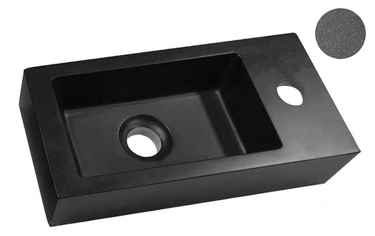 Fontein van Wiesbaden in zwart kwarts, geschikt voor elke toiletruimte, compact en stijlvol ontwerp.