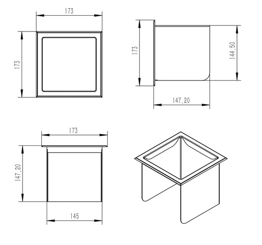 Technische tekening van de Rocko Inbouw Reserverolhouder Wiesbaden in Mat Wit met afmetingen van 17,3 cm.