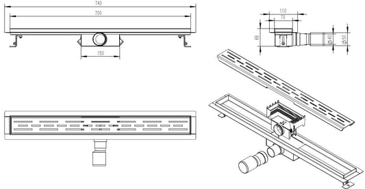 Wiesbaden Duschrinne mit Flansch 70x7 cm 6,7 cm Tief Gebürstetes Messing Gold