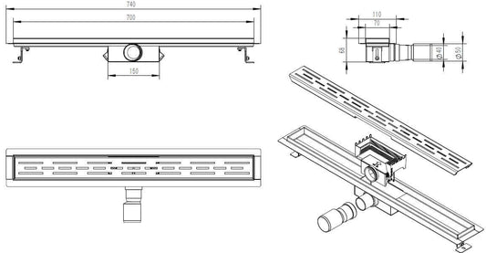Wiesbaden Duschrinne mit Flansch 70x7 cm 6,7 cm Tief Gebürstetes Messing Gold