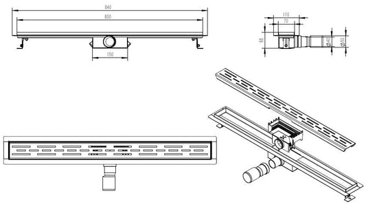 Duschabfluss Wiesbaden mit Flansch 80X7Cm, 6,7 cm tief in gebürstetem Messing Gold