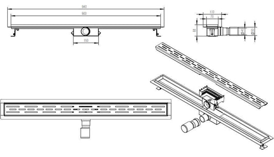 Doucheafvoer Wiesbaden met flens, 90 x 7 cm, 6,7 cm diep in geborsteld messing goud
