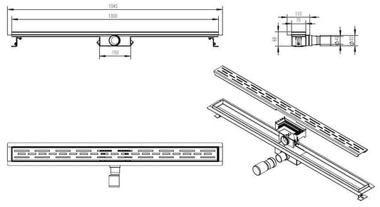 Douchegoot Wiesbaden met Flens 100x7 cm 6,7 cm Diep Geborsteld Messing Goud