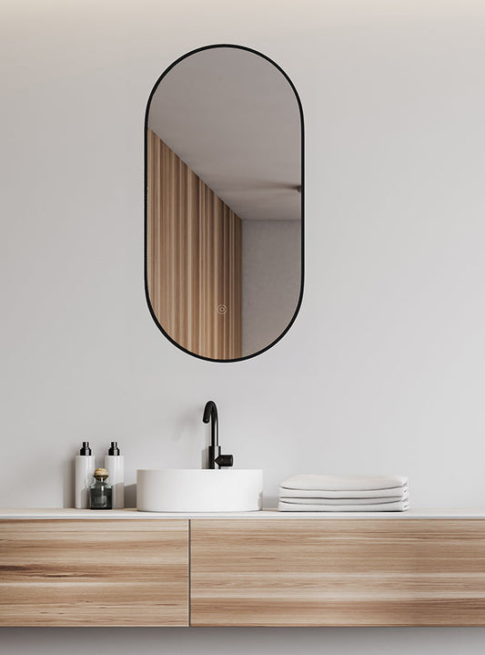 Wiesbaden Nomi Ovaler Spiegel 50x100 cm Matt Schwarz mit LED-Beleuchtung und Heizung