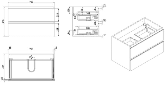 Tigris Unterschrank mit 2 Schubladen 80 x 46 cm glänzend weiß