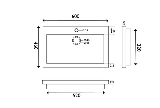 Wiesbaden Hardsteen Waschbecken 60x46x5 cm mit 1 Hahnloch