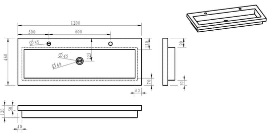 B-Stone Waschbecken Wiesbaden 120x46x5 cm mit 2 Wasserhahnöffnungen Blaustein Schwarz