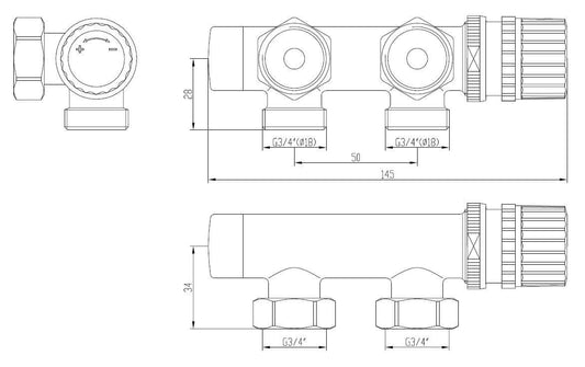 Thermostatisch Onderblok Wiesbaden 3/4 Hoek Links Mat Zwart Zonder Knop