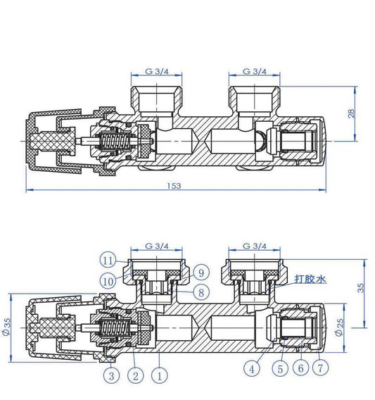 Thermostatischer Unterblock Wiesbaden 3/4 Ecke Rechts Matt Schwarz Ohne Knopf