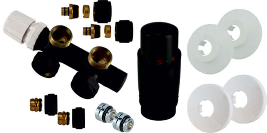 Onderblokradiator Wiesbaden schuin links in matzwart (voor middenaansluiting)