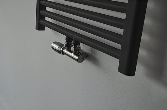 Unterblock Heizkörper Anschlussset Wiesbaden 16x2,0 +15 Kompression Rechtwinklig Links Anschluss Gebürsteter Stahl (Edelstahl Optik)