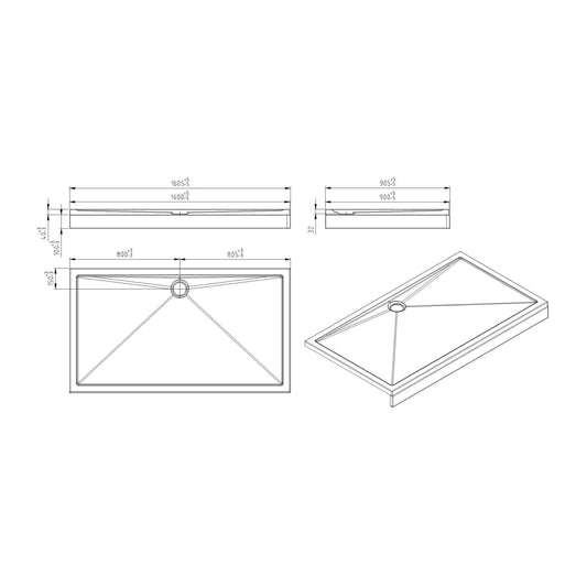 Wiesbaden Acryl Duschwanne 140x90x4 cm weiß rechteckig, Ablauf 90 mm