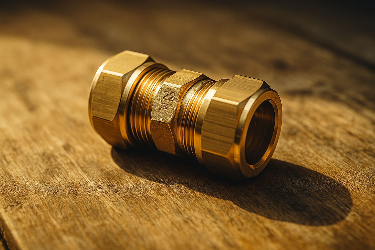 Close-up of a brass plumbing connector on wooden surface, showing detailed craftsmanship and the number 22.