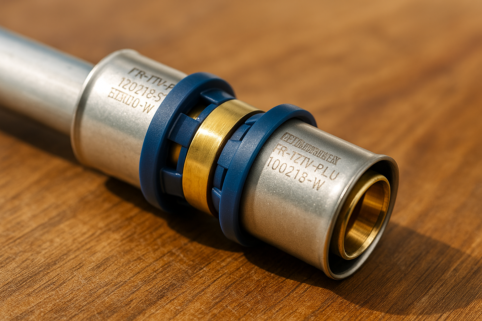 Close-up of a metal plumbing fitting with a brass ring and blue rubber seal on a wooden surface.