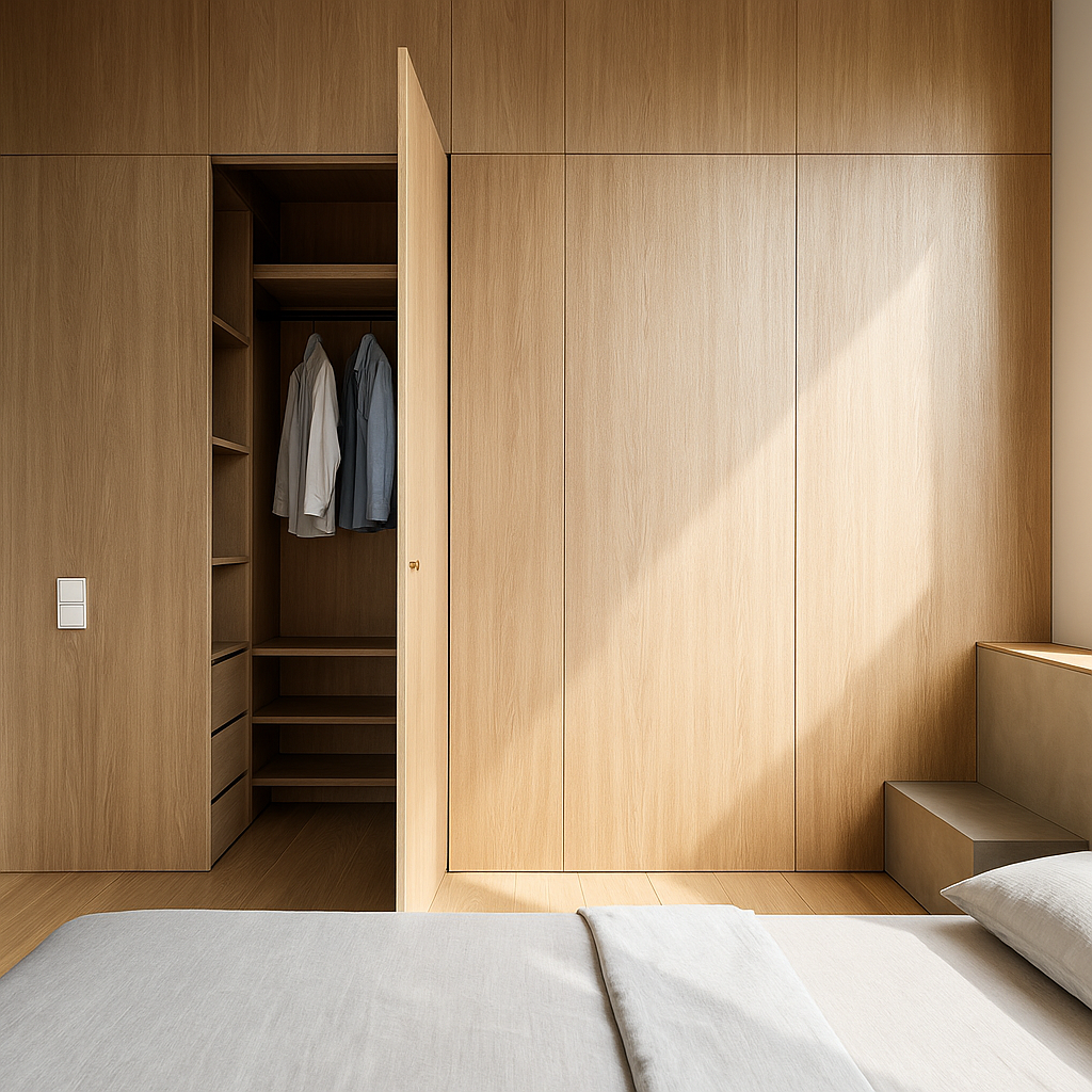 Modern bedroom with wooden walls, open closet showcasing neatly hung shirts, and cozy bedding.