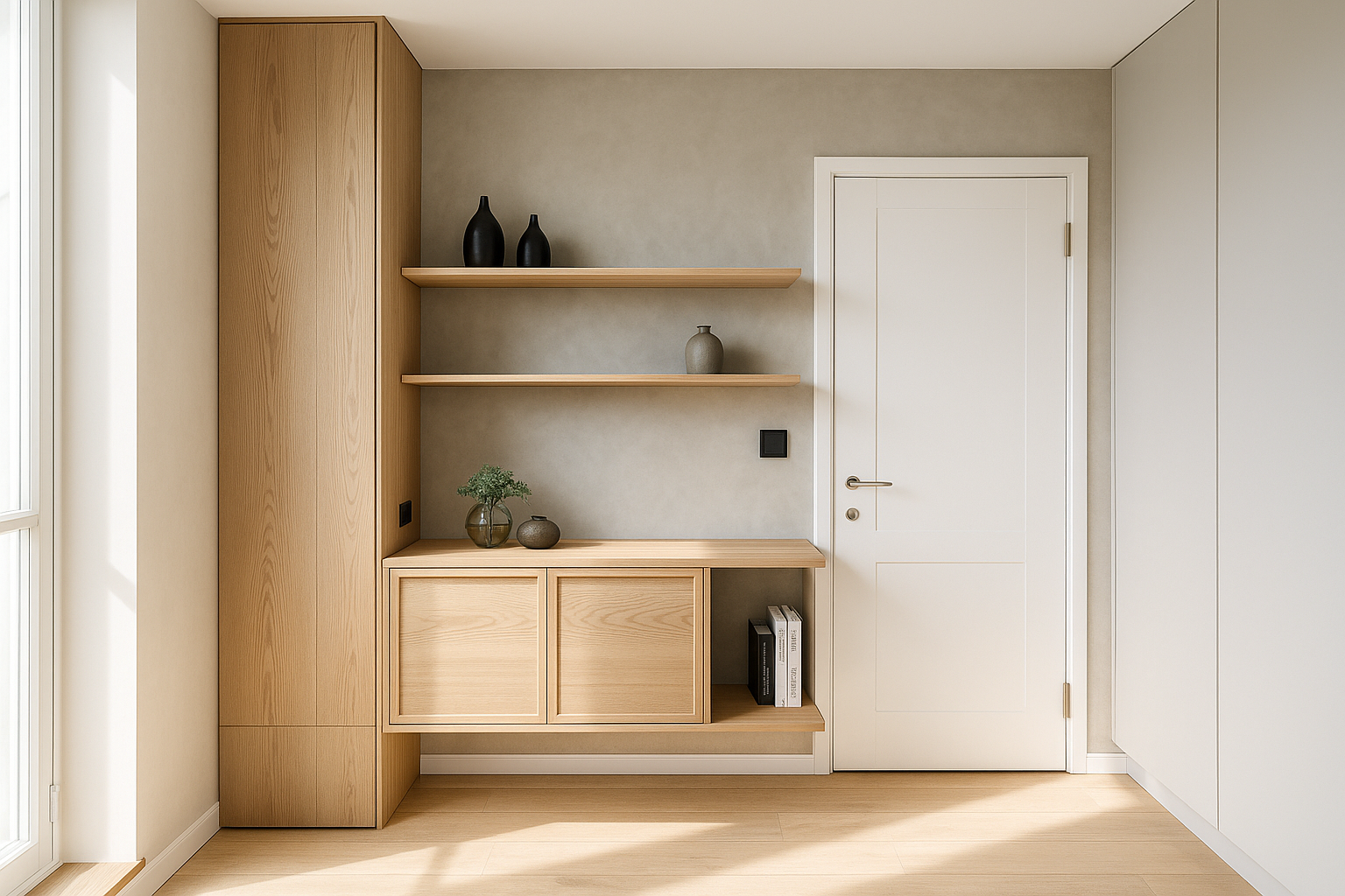 Modern interior design featuring oak cabinetry, shelves, and minimal decor in a bright room.