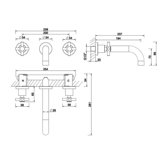 Robinet de lavabo à 2 boutons Cross Finish Wiesbaden acier brossé