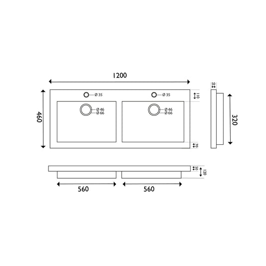 Dubbelkraangat Hardsteen Wastafel Wiesbaden 120X46X5 Cm