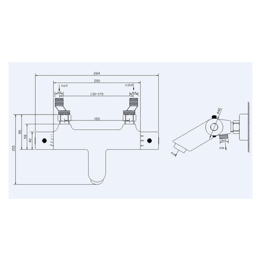 Rio Thermostatische Badarmatur Wiesbaden Mitte zu Mitte 15 Cm in Matt Schwarz