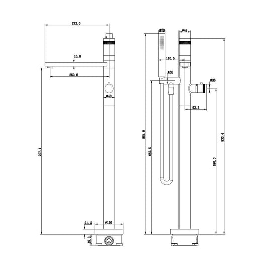 Sphere freistehender Badthermostat-Wasserhahn Wiesbaden 83,3 cm komplett in gebürstetem Stahl