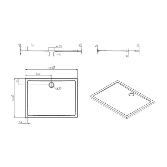 Wiesbaden Acryl Duschwanne 120x90x4 cm weiß rechteckig, Ablauf 90 mm