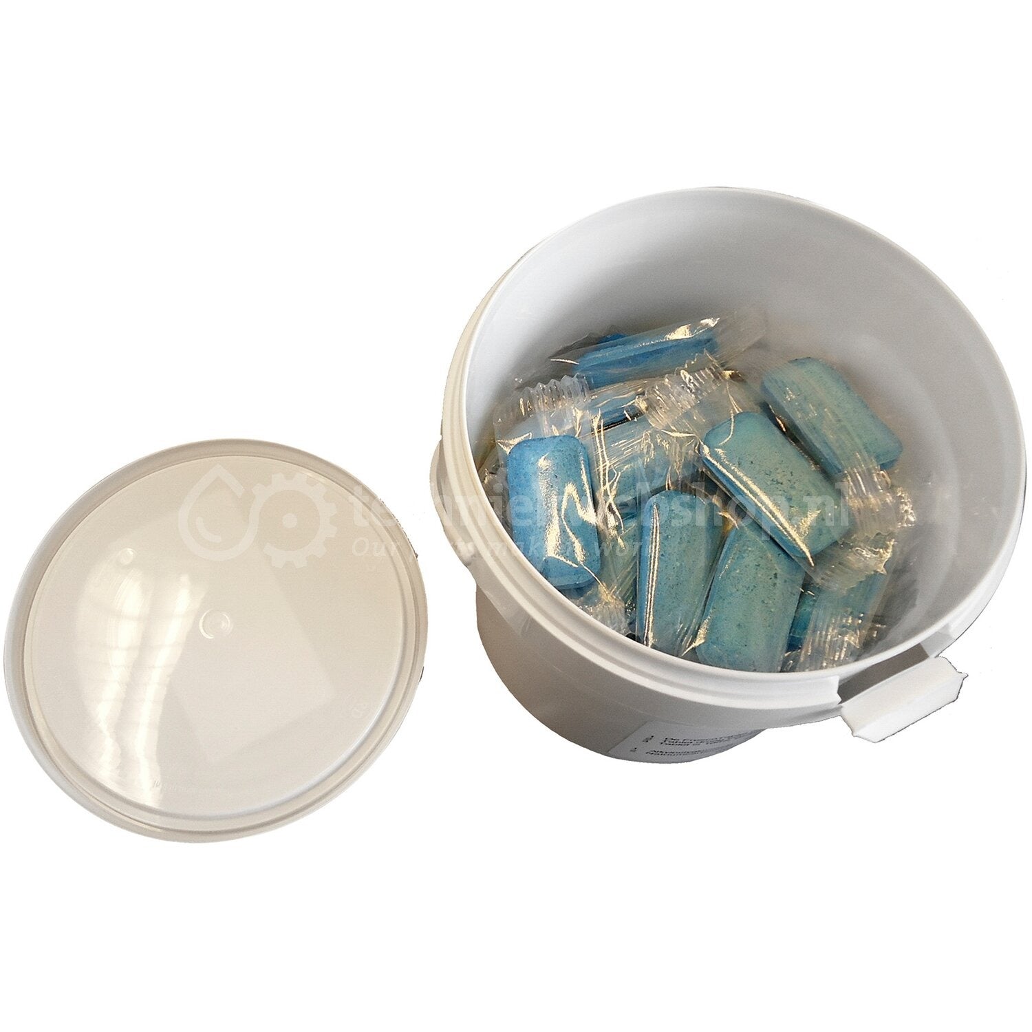 Wisa Toiletset met blauwe reinigingstabletten in een witte emmer met deksel