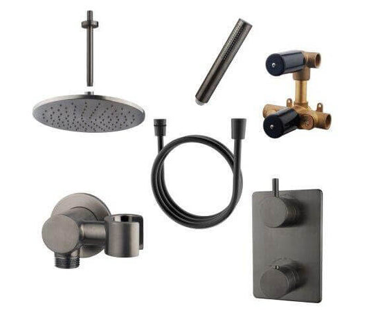 Caral Inbouw Regendoucheset Wiesbaden met Rechthoekige Plafonduitloop in Gunmetal PVD Coating