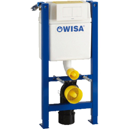 Wisa Toiletset met frontbediening en isolatiemat in blauw zelfdragend frame voor compacte toiletruimtes.