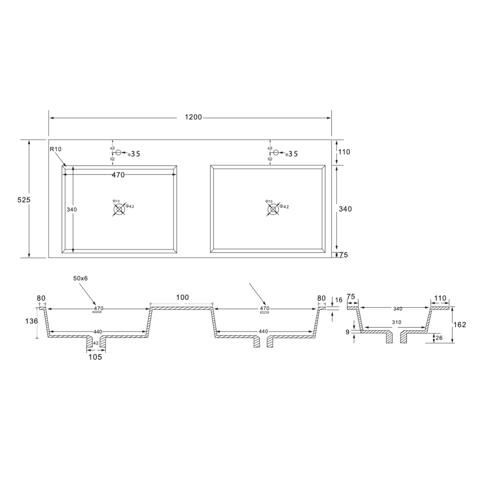 Wonda Square Slim Wastafel – Dubbel – Kunstmarmer