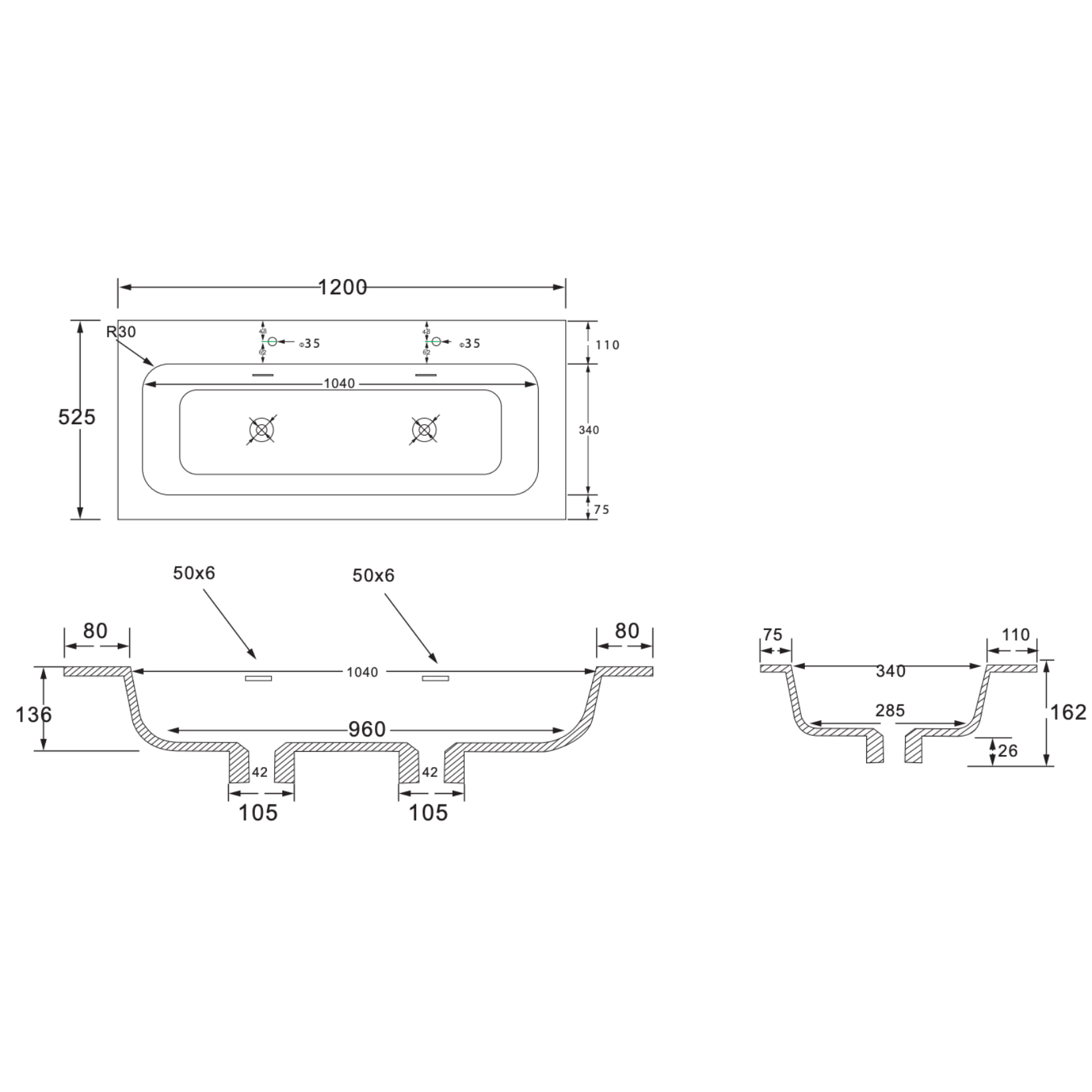 Wonda Round Slim wastafel – 1 wasbak – 2 kraangaten – kunstmarmer