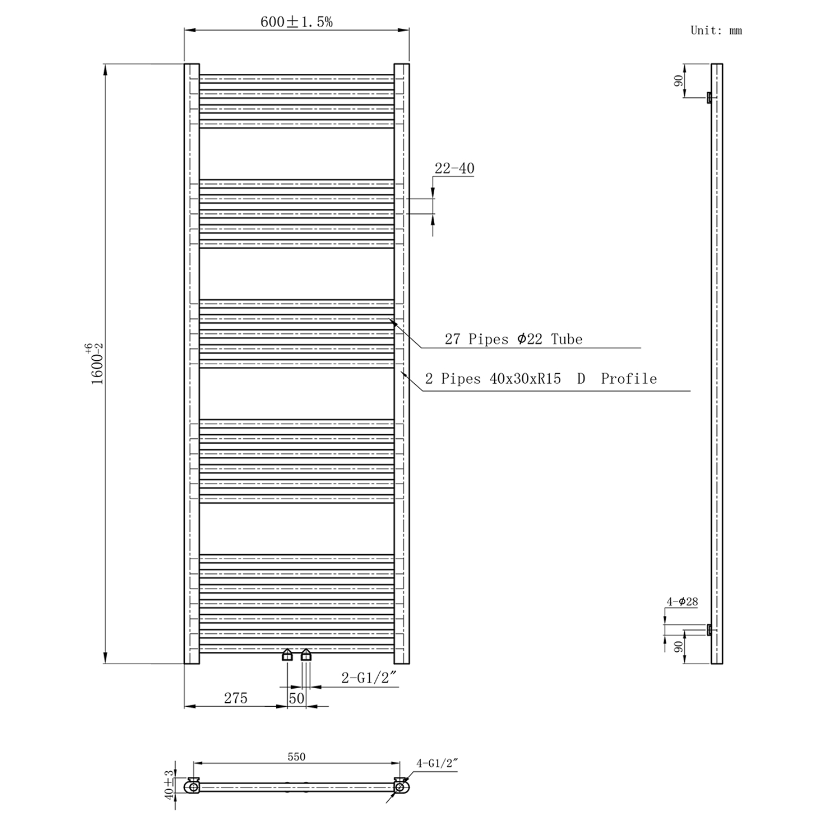 BELRAD Badkamer Radiator Gunmetal Grijs – Middenaansluiting