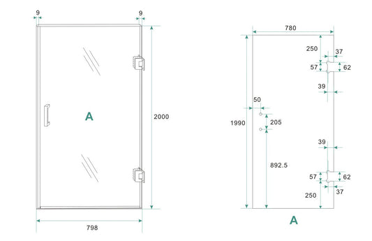 Less nisdeur rechts 800 x 2000 x 8 mm nano spiegelrook- naar helder glas/