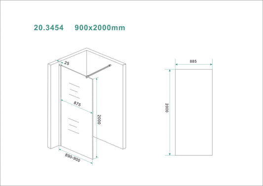 Slanke inloopdouche Wiesbaden 90X200Cm met 8 mm heldere antikalkcoating (exclusief profiel)