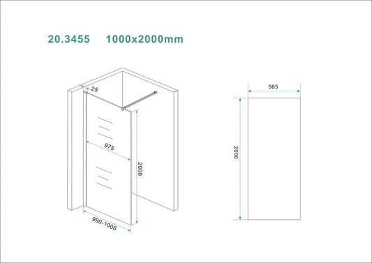 Slanke inloopdouche Wiesbaden 100X200Cm 8Mm helder glas met antikalkcoating (exclusief profiel)