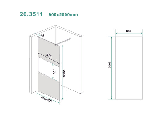 Slanke inloopdouche Wiesbaden met rookglas en middenband 90x200 cm, 8 mm nanocoating