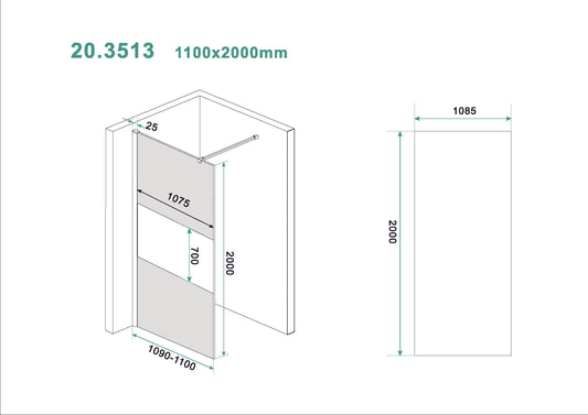Slanke inloopdouche Wiesbaden met rookglas en middenband 110x200 cm, 8 mm nanocoating