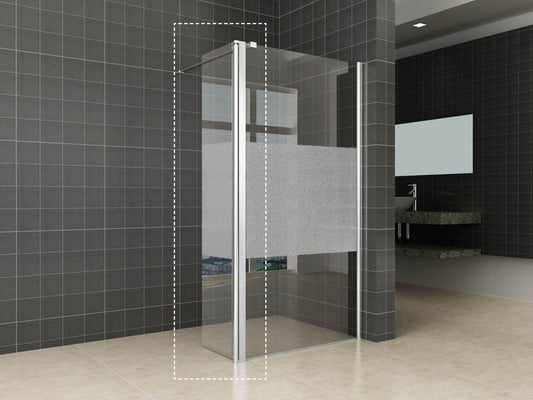 Paroi latérale confort pivotante droite 350 x 2000 x 10 mm verre nano clair avec bande centrale en verre dépoli/chrome