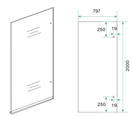 Less glasplaat rechts 800 x 2000 x 8 mm nano spiegelrook- naar helder glas