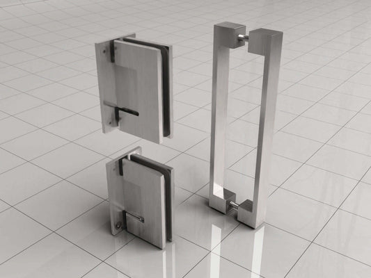 Scharnierset und Griff für rahmenlose Nischentür Wiesbaden Less in gebürstetem Stahl