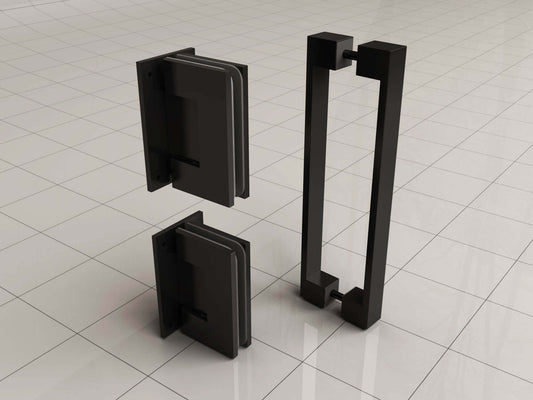 Scharnierset und Griff für rahmenlose Nische Tür Wiesbaden Less in mattschwarz