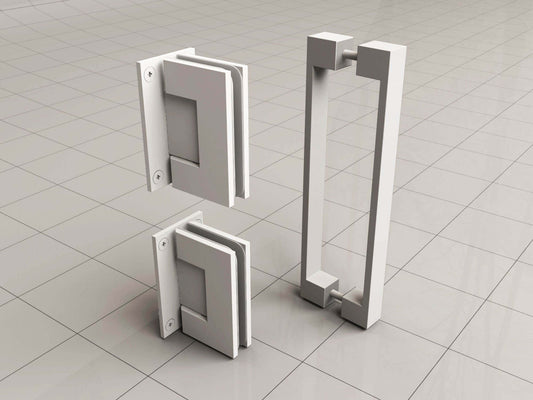 Scharnierset und Griff für rahmenlose Nische Wiesbaden Less in mattweiß