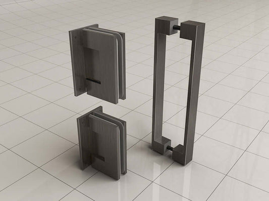 Scharnierset und Griff aus stahlgrau für rahmenlose Nischentür Wiesbaden Less