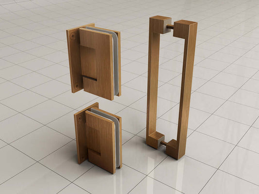 Scharnierset und Griff aus gebürstetem bronzefarbenem Kupfer für rahmenlose Nischentür Wiesbaden