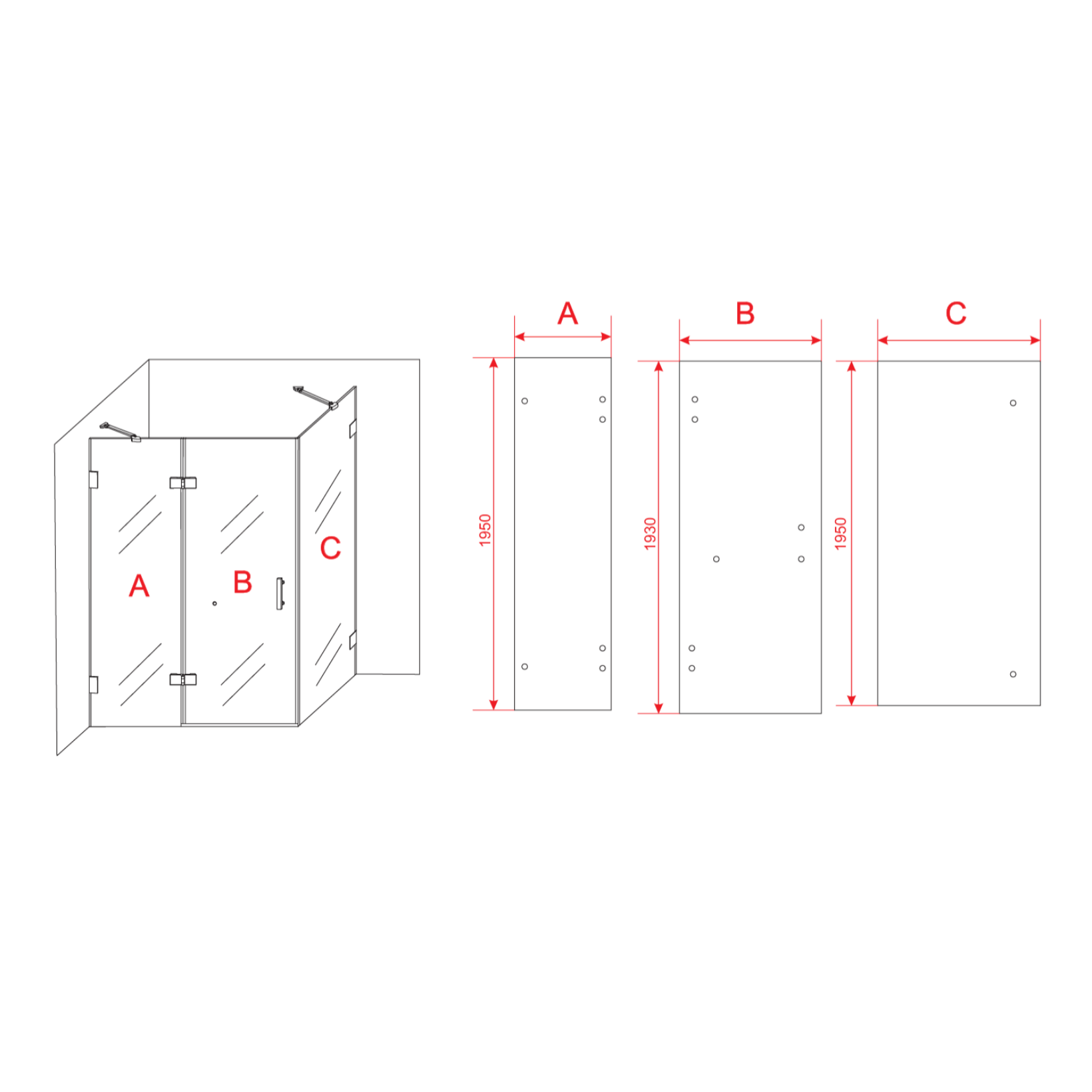 ALONI Douchecabine met Draaideur, Vast Wandje en Zijwand – 8 mm Veiligheidsglas – Helder Glas – Omkeerbaar